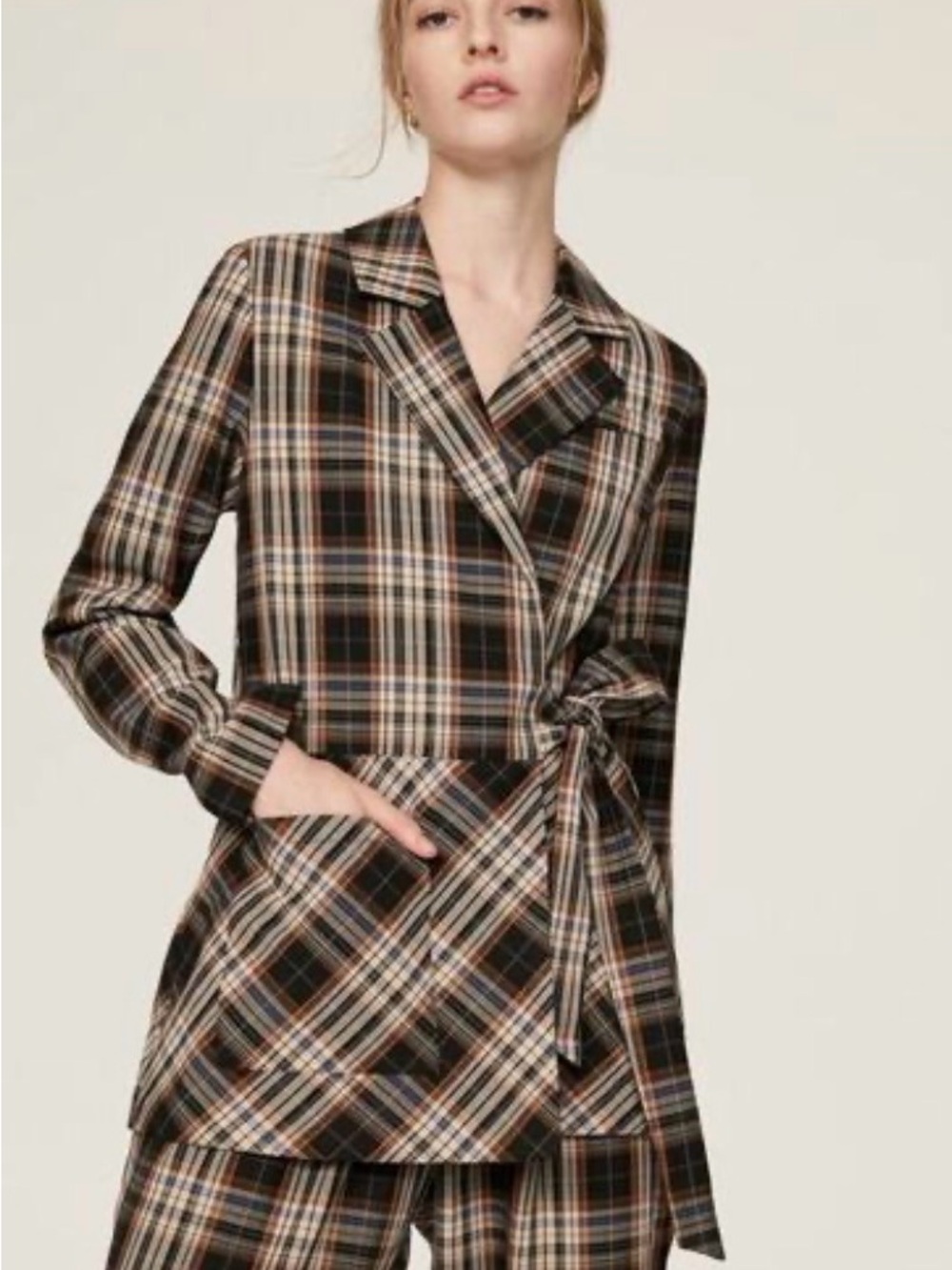 Plaid Tie Waist Wrap Blazer